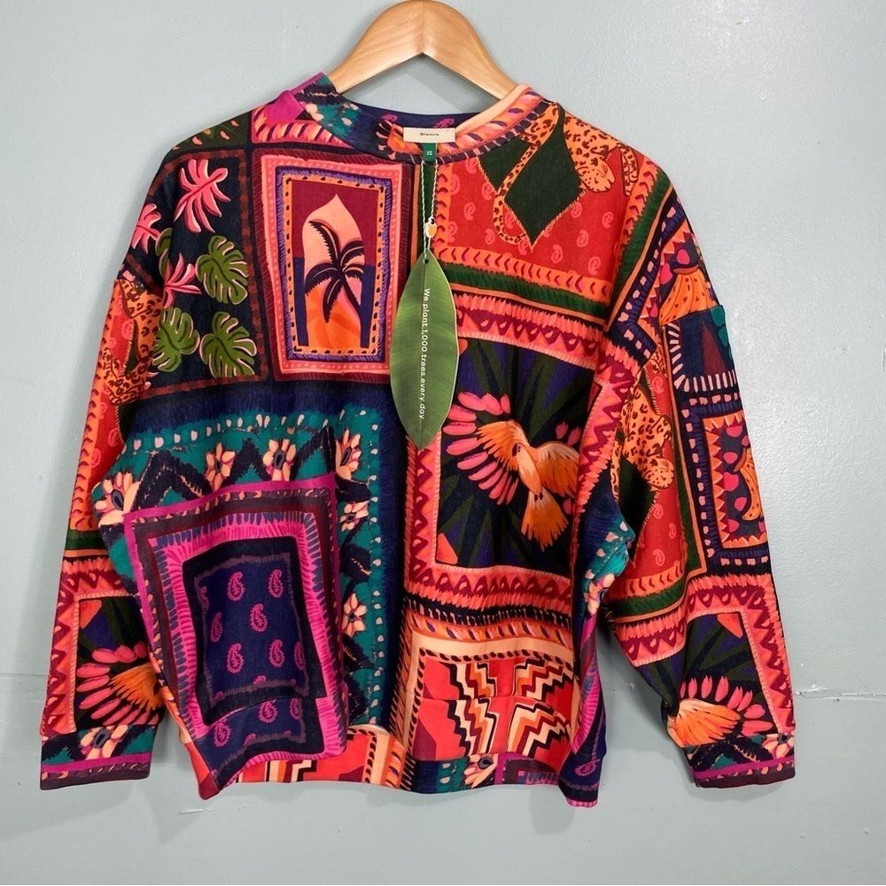 Farm Rio Patchwork Tapestry Sweatshirt XS Bird Multi Print Colorful‎